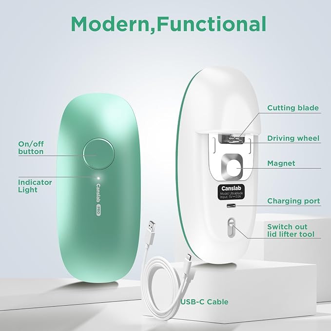 Canslab Ultrablade PRO Auto Stop Can Opener - Rechargeable Electric Can Opener for Kitchen for Seniors with Arthritis - One Touch Side Cut Opener, Smooth Edge, Handfree, Wall Mounted Small Size, Green