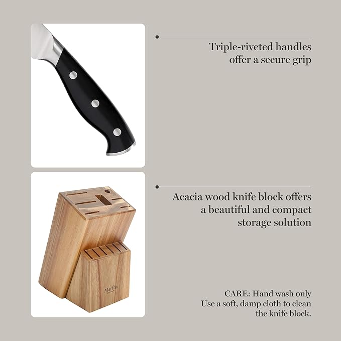 Martha Stewart Greeley 14 pc Triple- Riveted Cutlery Knife Acacia Wood Block Set w/Comfort Grip Handles- Black