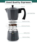 Coffee Gator Moka Pot - 6 Cup, 12oz Stovetop Espresso Maker - Classic Italian and Cuban Coffee Percolator w/ 2 Stainless-Steel Cups – Matte Grey Aluminum, 360ml