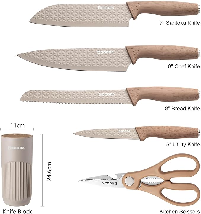 GOODA Kitchen Knife Set With Block,6-Piece Professional Chef Cooking Knives Set For Kitchen,Non-Stick Stainless Steel Knife Block Set