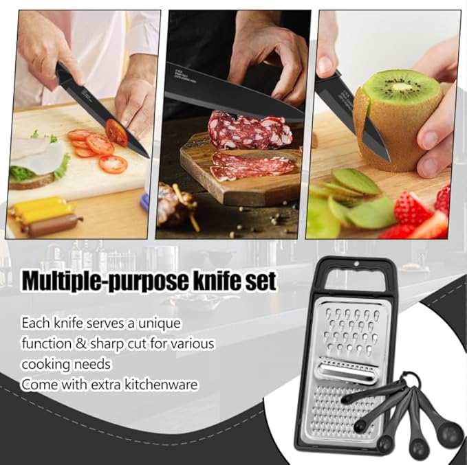 HaWare Knife Set, 21 Pieces Stainless Steel Kitchen Knife Block Set, Black Chef Knife Sets with 6 Steak Kinves, Measuring Spoon & Slicer for Home, Sharp Blade & Light Weight Cutlery, Ergonomic Handle