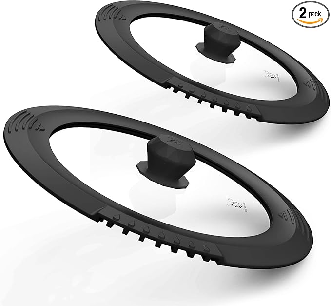 Tempered Strainer Lid for Stockpot, Pasta, Soup Pots - Universal Pan Lids with Heat Resistant Silicone Rim - Glass - Fit 6.5-9.5 inch - Black