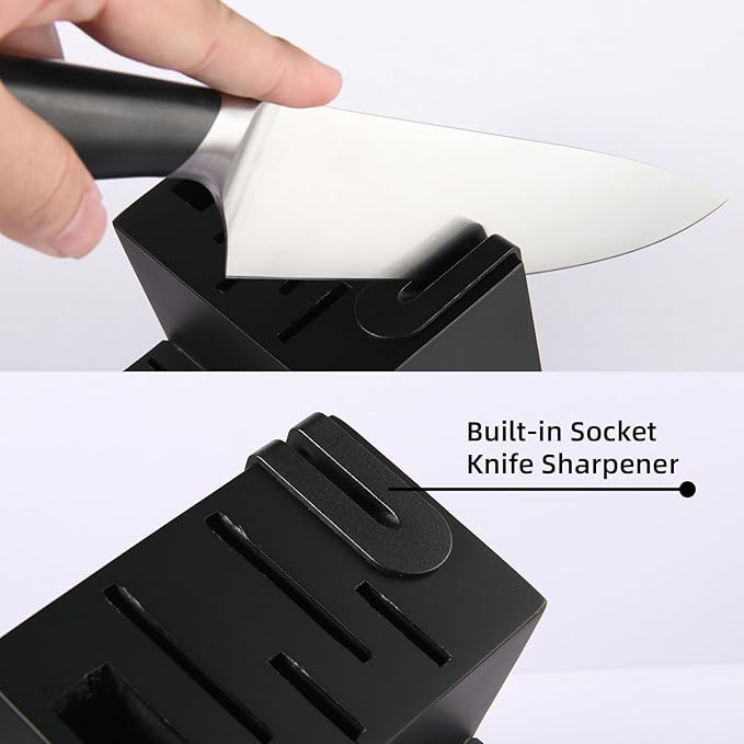 15-Piece Kitchen Knife Set with Block, ABS Ergonomic Handle for Chef Knife Set and Serrated Steak Knives Knife Sharpener and Kitchen Shears, Dishwasher Safe, Black Block