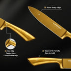 Luxury Black & Gold Kitchen Knife Set with Block & Rod Sharpener – 8-Piece Titanium-Coated Stainless Steel Knives, Ultra Sharp Chef Knife Set, Ideal Knives Set for Kitchen