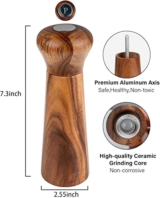Wooden Pepper Grinder,Refillable Pepper Mill,Adjustable Pepper Shaker,Spices Mill,Ceramic Pepper Grinder Seasoning Mill,Madera Pimienta Grinder,Salt Mill Tableware Gift for for Gifting