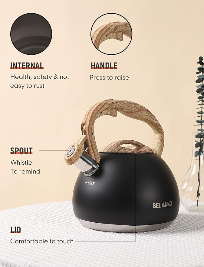 BELANKO 2.7 Quart Tea Kettle for Stovetops - Food Grade Stainless Steel Teapot with Loud Whistle, Cool-Touch Wood Pattern Handle, Rust-Resistant Whistling Kettle - Matte Black