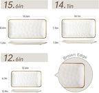 Ceramic Rectangle Serving Platter with Brown Rim: 15.6/14.1/12.6 Inch Large Serving Dishes for Entertaining Party, Sushi, Turkey, Cheese, Snack and Dessert, Microwave Dishwasher Safe