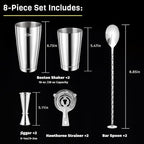 Boston Cocktail Shaker, 8-Piece Professional Shaker Set, Stainless Steel Bar Tools Set with Boston Shaker, Bar Spoon, Jigger, Hawthorne Strainer, Dishwasher Safe, Ideal Bartender Kit for Bar
