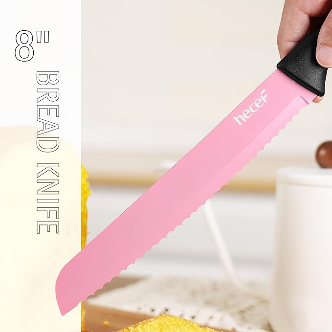 hecef 13 Pieces Kitchen Knife Set with Built-in Sharpening Wooden Block, Dishwasher Safe, High Carbon Stainless Steel Knife Block Set with Steak Knives, Kitchen Scissors, Pink