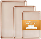 Baking Sheet Pan Set of 3, Commercial Cookie Sheets for Baking, Nonstick Half/Quarter/Jelly Roll Pans Replacement Toaster Oven Tray, Heavy Duty & Easy Clean, Rose Gold