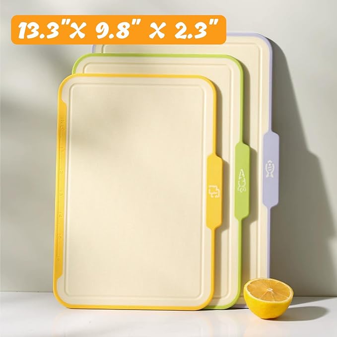 Cutting Boards for Kitchen, Plastic Cutting Board Set of 3,Colorful Chopping Boards With Storage Stand,Food Icon,Non-Slip, Meat Cutting Board For Kitchen,Dishwasher Safe （13.3"X 9.8" X 2.3" ）