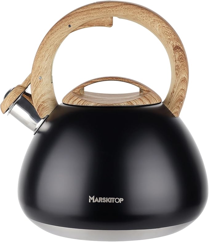 MARSKITOP Tea Kettle for Stove Top, Whistling Kettle Teapot for Stovetop, Food Grade Stainess Steel Teakettle with Cool Touch Ergonomic Handle, 2.6 Quart, Black
