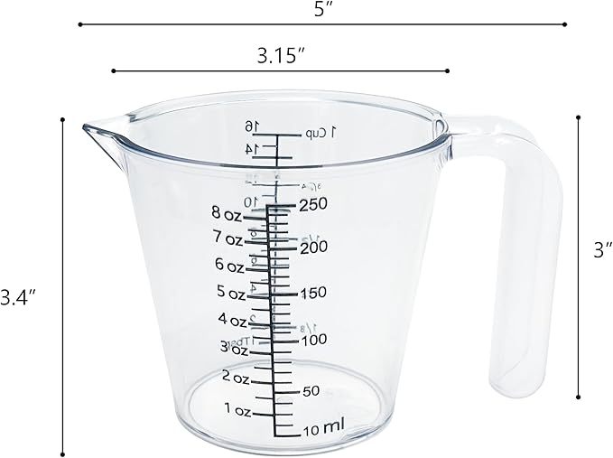 1 Cup Liquid Measuring Cup with Ounces, Food-Grade Plastic Measuring Cup with Permanent Laser-Etched Markings, Clear Single Measuring Cup