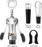 KORCCI Multifunctional Wine Bottle Opener Gift Set - Heavy-Duty Zinc Alloy Wing Corkscrew, Foil Cutter, Vacuum Stopper & Aerator Pourer for Kitchen, Bar, Restaurant, Bartenders