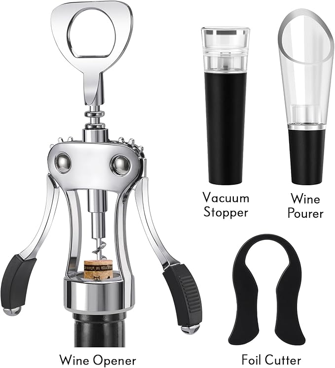KORCCI Multifunctional Wine Bottle Opener Gift Set - Heavy-Duty Zinc Alloy Wing Corkscrew, Foil Cutter, Vacuum Stopper & Aerator Pourer for Kitchen, Bar, Restaurant, Bartenders