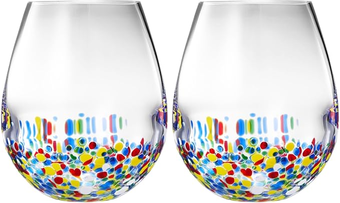 Large Stemless Wine Glasses – Set of 2-14oz Luxury Hand Blown Confetti Margaritas, Martini, Cocktails, Water, Wine, Dessert & Champagne Glasses Cinco de Mayo, Hand Blown - Mexican Confetti Glass