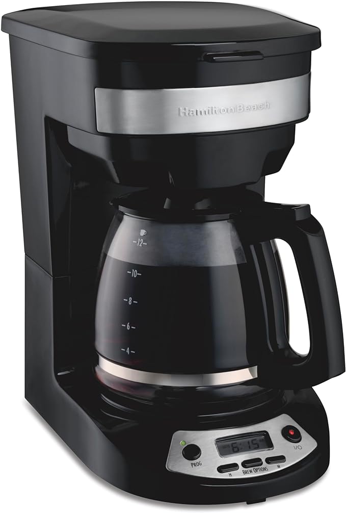 Hamilton Beach 12 Cup Programmable Drip Coffee Maker Machine, Regular & Bold Brew Options, Auto Pause and Pour, Glass Carafe, Black with Stainless Accents (46299J)