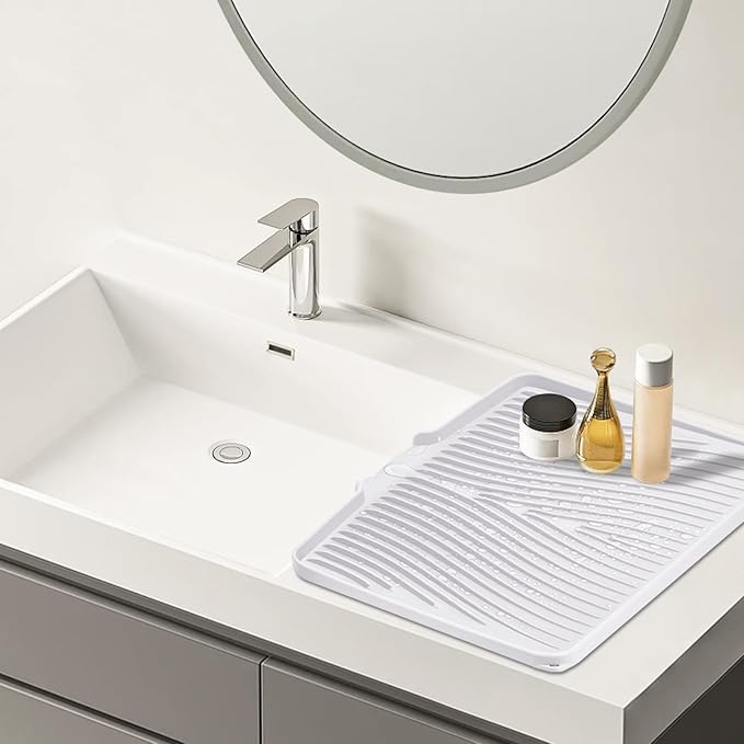 TIKNIK Silicone Dish Drying Mat, Stone Drying Mat for Kitchen Counter with Built-In Drain, Non-Slip Drain Pad with Built-in Drain, Heat Resistant Stone Drying Mat, Hangable, White-2pcs, 20" x 15"