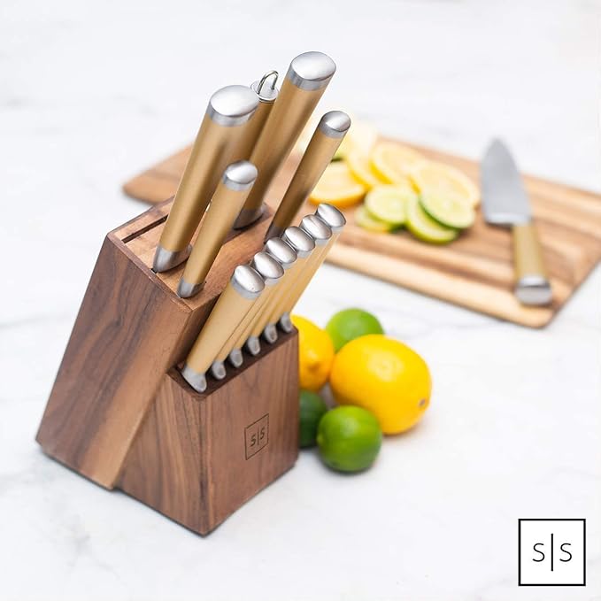 Gold Knife Set with Walnut Block – 13-Piece Full Tang Stainless Steel Kitchen Knives – Durable Gold Kitchen Accessories for Cooking and Food Prep