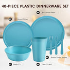 40 Piece Plastic Dinnerware Set for 8 with Cutlery, Unbreakable Plates and Bowls Set, Dishwasher & Microwave Safe Reusable Dish Set for Camping, RV, Outdoor Kitchen, Apartment Dining, Teal