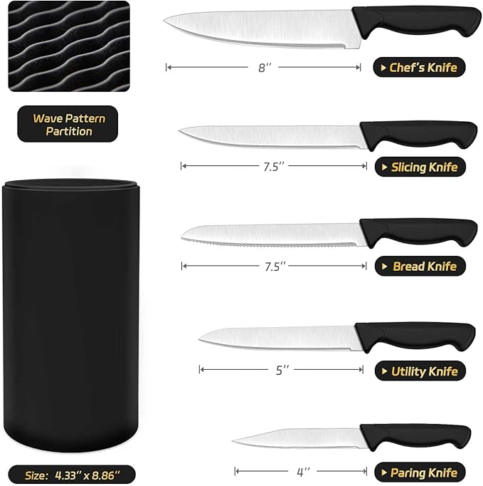Knife Set, 6-Piece Kitchen Knife Set, German High Carbon Stainless Steel, Durable & Easy Clean Knife Block, Black
