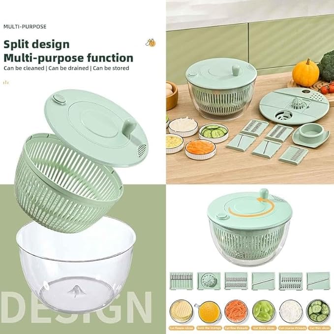 Salad Spinner Chopper Large with 5 Blades Slicer, Vegetables Fruits Wash Bowl, Lettuce Spinner and Dryer, Egg Yolk Strainer Slicer Shredder for Kitchen Colander, 5.3 Qt, Green
