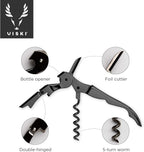 Viski Gunmetal Signature Double Hinged Waiters Corkscrew Wine Opener, Stainless Steel with Built-in Bottle Opener & Foil Cutter for Home Bar, Kitchen, Travel, Gifts for Wine Lovers, Set of 1, Black