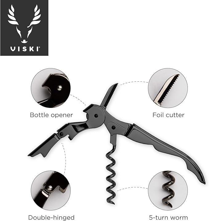 Viski Gunmetal Signature Double Hinged Waiters Corkscrew Wine Opener, Stainless Steel with Built-in Bottle Opener & Foil Cutter for Home Bar, Kitchen, Travel, Gifts for Wine Lovers, Set of 1, Black