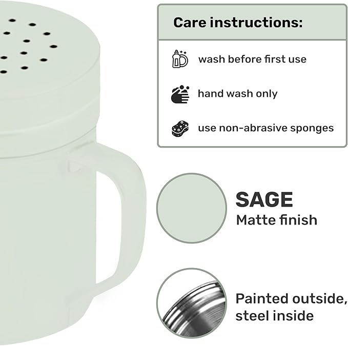 CUSINIUM 6oz Sage Stainless Steel Salt Pepper Dredge Shakers - With Plastic Cap - With Handle - Pack of 2