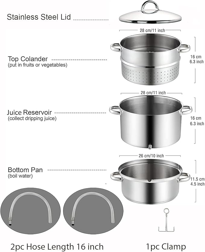 Cook N Home Basics Canning Juice Steamer Extractor With water/cooking pan, juice pan, strainer/loading pan, lid, and hose with clamp , 11-Quart, Mirror Satin, Stainless Steel