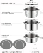 Cook N Home Basics Canning Juice Steamer Extractor With water/cooking pan, juice pan, strainer/loading pan, lid, and hose with clamp , 11-Quart, Mirror Satin, Stainless Steel