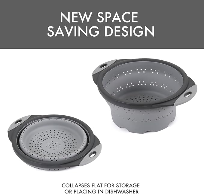 Dexas 8" Collapsible Silicone Colander in Cool Grey, Kitchen Strainer with Handles, 7.2 Cup Capacity | BPA-Free, Heat-Resistant, Space-Saving Kitchen Tool