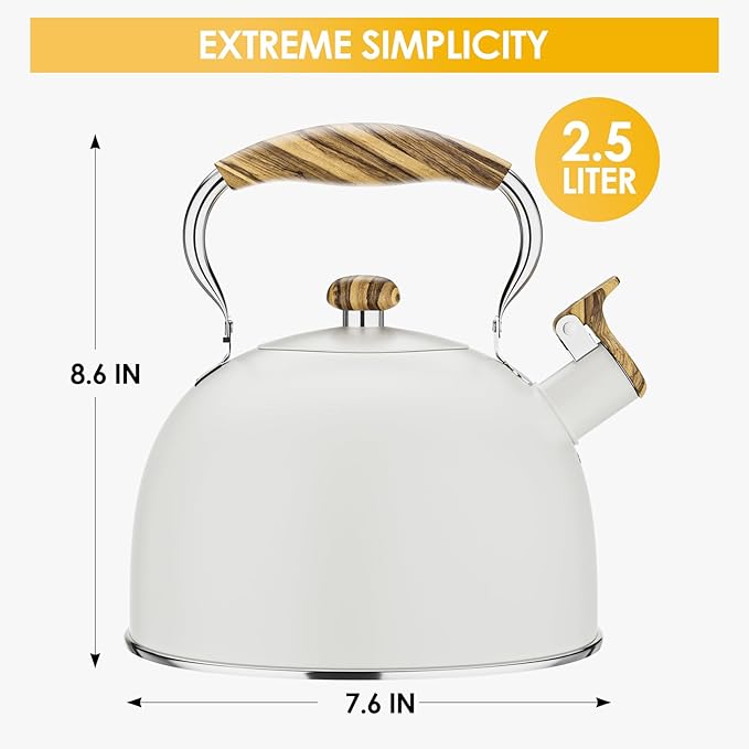 2.6 Quart Tea Kettle Stovetop Whistling for Stove Top, Food Grade Stainless Steel Tea Kettles with Cool Wood Pattern Handle, Cream