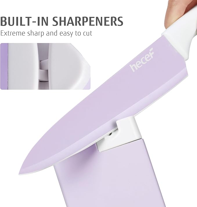 hecef 15 Pieces Kitchen Knife Set with Built-in Sharpening Wooden Block, Dishwasher Safe, High Carbon Stainless Steel Knife Block Set with Steak Knives, Kitchen Scissors, Purple