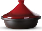 Moroccan Tagine for Cooking: Enameled Cast Iron Cooking Pot, Slow Cooker, Classic Kitchen Cookware, Tajine with Ceramic Cone-Shaped Closed Lid, 3.3 QT, Red