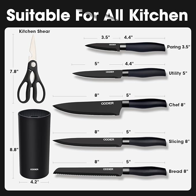 Kitchen Knife Ket with block, Knife Block Set, Anti-Rust High Carbon German Stainless Steel Knife Set, 7 Piece Chef Knife Set, New Home Apartment Essentials, Dishwasher Safe, Black