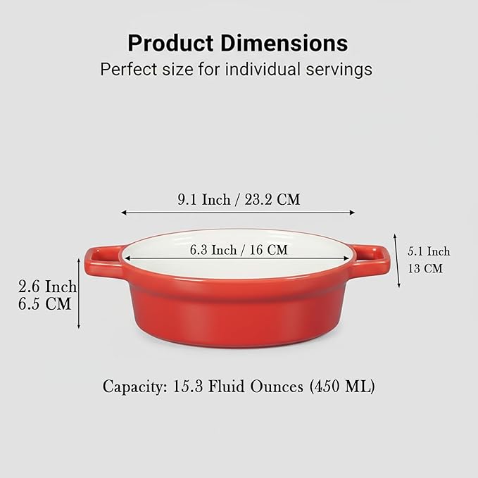 Ceramic Casseroles Dishes 6" x 5", Lug Soup Bowl for Cooking and Au Gratin Baking, Set of 4, Heat Resistant Oval French Onion Soup Bowl, Small Casserole dish, Microwave and Oven Safe, Red