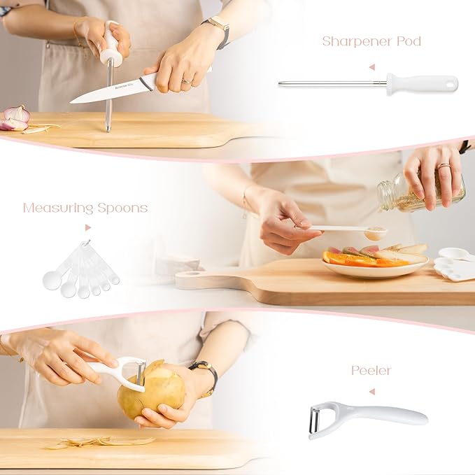 Astercook Knife Set with Block and Sharpener, 22 Piece Kitchen Knife Set Dishwasher Safe, Space-Saving Clear Knife Block with Knives for Everyday Home Cooking White