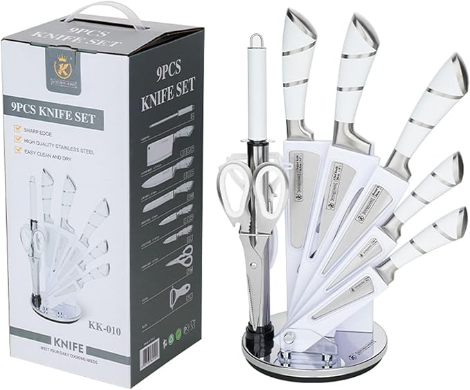 Kitchen Knife Set, 9-Piece White Kitchen Knife Set with Acrylic Block, Non Stick Sharp High Carbon Stainless Steel Knife Set for Kitchen Cutting Meat Slicing Chopping Kitchen Women Gifts