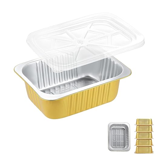 8" x 6" Heavy-Duty Aluminum Foil Pans with Snap-On Lids, 61oz, 5 Pack – Extra-Thick Disposable Foil Containers for Oven, Baking, Freezer & Food Storage