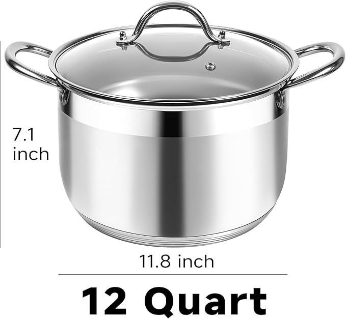 Kirecoo Stainless Steel Stock Pot - 12 Quart Heavy Duty Stock Cooking Pot with Visible Lid for Pasta, Soup, Spaghetti, Nonstick Thick Bottom Big Stockpot, Cookware for Canning, Boiling, Simmer