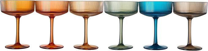 Khen Shatterproof Acrylic Ribbed Vintage Art Deco Martini, Champagne & Cocktail Muted Color Plastic Coupe Glasses | Set of 6 | 8 oz Ripple Glassware Classic Cocktail Indoor & Outdoor, European Style