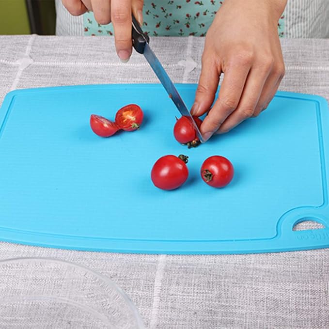 Liflicon Thick Silicone Cutting Board 12.6'' x 9.1'' Foldable & Flexible Design Juice Grooves Easy Grip Handle Dishwasher Safe-Blue