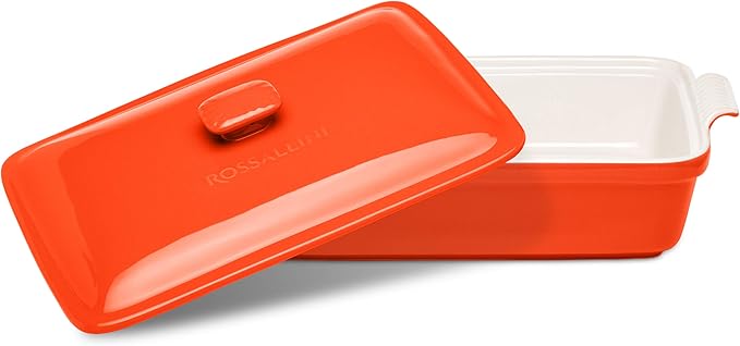 ROSSALLINI Stoneware Casserole Dish Bakeware Set with Lid, Covered Rectangular Dinnerware, Extra Large 4.23 Quart, 13 by 9 Inch, Rosso [Red]