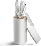 Small Knife Block Set, Modern Kitchen Knife Scissors with Universal Round Holder, Home Apartment New Kitchen Essentials, Space Saving, Keep Blade Dry(Beige White, 5PCS)