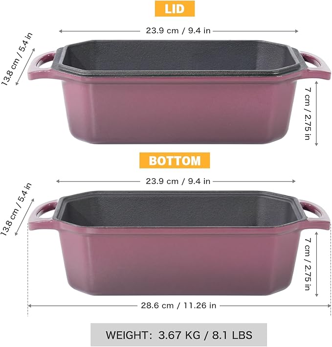 Flavehc Bread Pan Cast Iron Loaf Pan with Lid Bread Loaf Pan 8.5x4.5 Inch Loaf Pan Enameled Cast Iron Sourdough Loaf Pan, Magenta