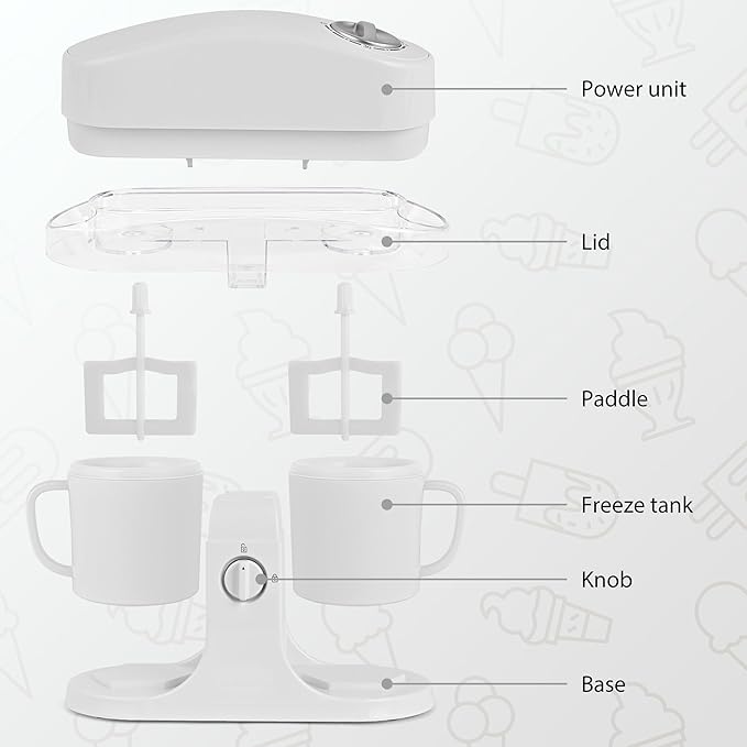Pukomc Ice Cream Maker Machine for Home Use, with Two Ice Cream Bowls,Simple Operation and Easy to Clean,White