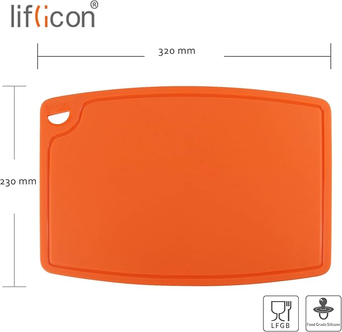 Liflicon Thick Silicone Cutting Board 12.6'' x 9.1'' Juice Grooves Easy Grip Handle Dishwasher Safe-Orange