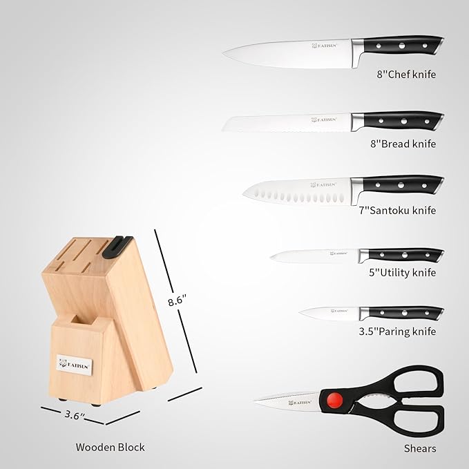8 Piece German Stainless Steel Knife Set With Block, Ergonomic Handle Chef Knives, Sharpener and Shears for Chopping, Slicing and Cutting