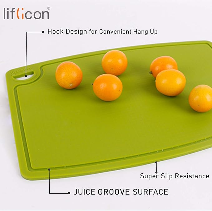 Liflicon Thick Silicone Cutting Board 12.6'' x 9.1'' Juice Grooves Easy Grip Handle Dishwasher Safe-Green